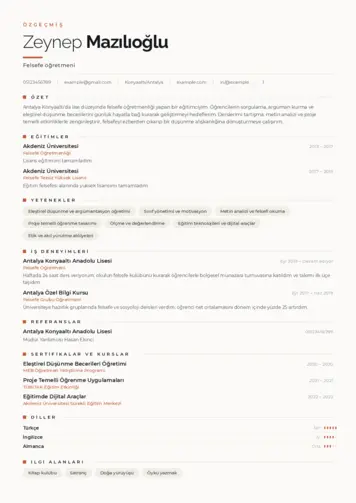 Felsefe Öğretmeni CV Örnekleri cv indir